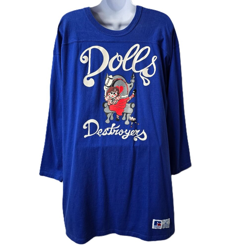 Vintage Russell Raglan Baseball Shirt XL Doll Destroyer Crewneck Graphic Tee 80s